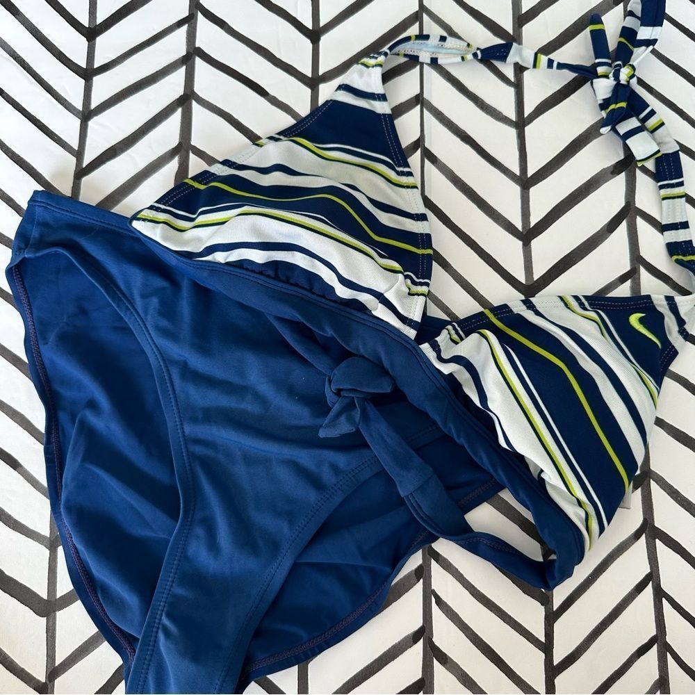 Nike Size 10/12 Adjustable Halter Neck Striped Blue Bikini Set
